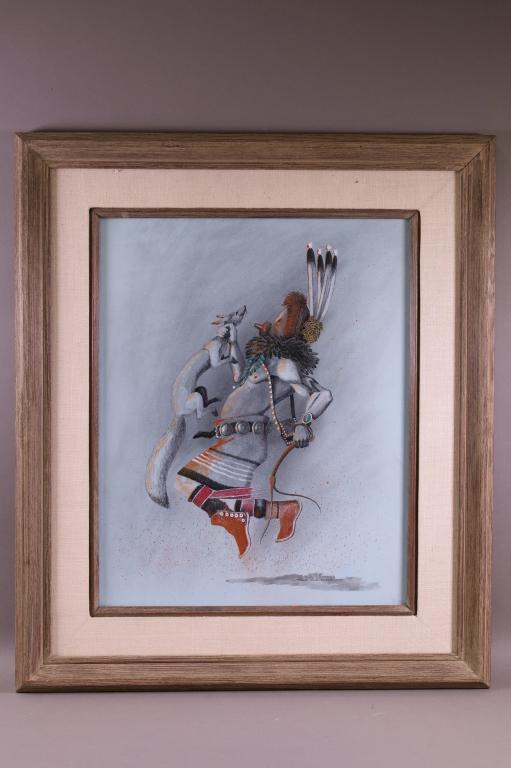 FRED CLEVELAND NATIVE AMERICAN PAINTING: FRED "KAYANNII NEZ BEGAY" CLEVELAND. SIGNED LOWER RIGHT. FRAMED UNDER GLASS. GOOD CONDITION. 24" x 28" IN FRAME.