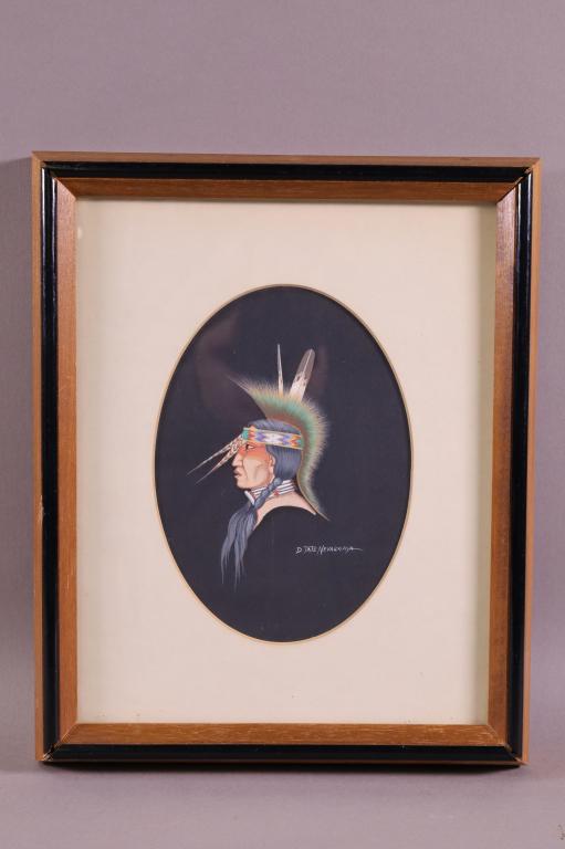 D. TATE NEVAQUAYA NATIVE AMERICAN PAINTING: SIGNED LOWER RIGHT. GOOD CONDITION. 9 1/2" x 11 1/2" IN FRAME.