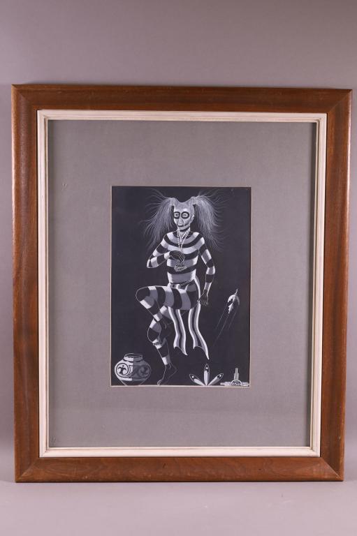 R. MEDINA NATIVE AMERICAN PAINTING: SIGNED LOWER RIGHT, DATED 1967. KOSHARI DANCER, FROM THE ZIA PUEBLO. GOOD CONDITION. 21" x 24" IN FRAME.