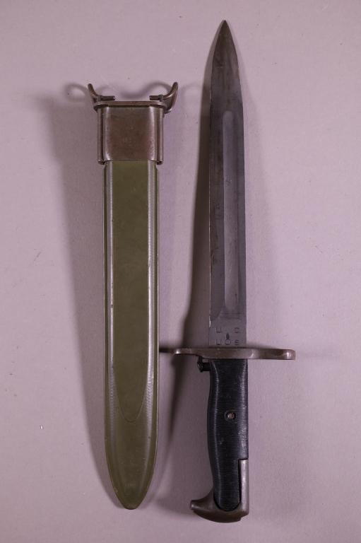 M1 GARAND BAYONET WITH SCABBARD: MARKED US ON SCABBARD, U.C.U.S. ON BLADE. 16" L. BLADE 10" L