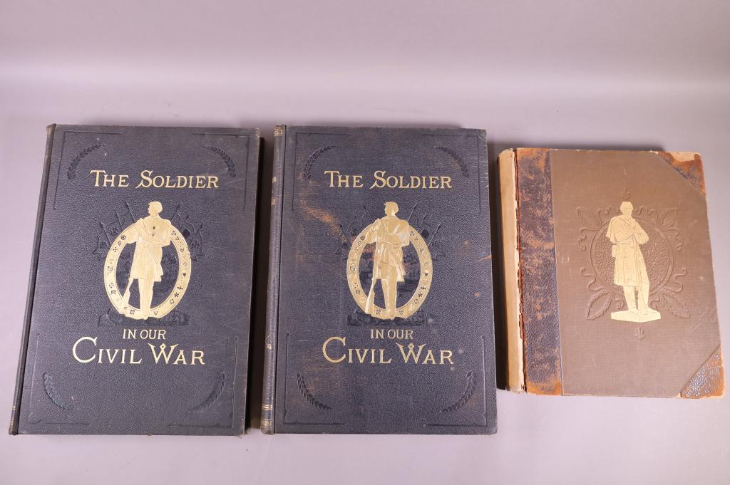 THREE ANTIQUE CIVIL WAR BOOKS: SOLDIER IN OUR CIVIL WAR VOL 1 & 2. PUBLISHED BY STANLEY BRADLEY. COPYRIGHT 1893. BINDING IS LOOSE AND WORN. & CAMPFIRE AND BATTLEFIELD HISTORY AND THE CONFLICTS AND CAMPAIGNS OF THE GREAT CIVIL WAR I