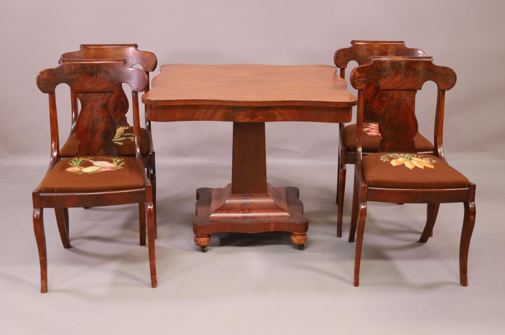 19TH CENTURY AM. EMPIRE TABLE & FOUR CHAIRS: FOUR SIDE CHAIRS WITH VEGETABLE NEEDLEPOINT SEATS. GOOD CONDITION TABLE. 33" L x 33" W x 29" H. CHAIRS 18" W x 20" D x 33" H. THIS ITEM EXCEEDS SIZE LIMITATIONS FOR IN HOUSE SHIPPING.