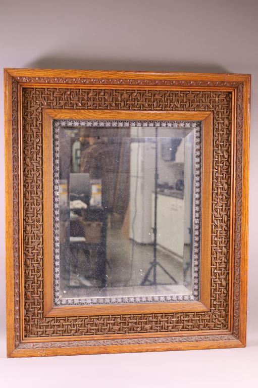 VICTORIAN OAK FRAMED BEVELED WALL MIRROR (1 of 3)