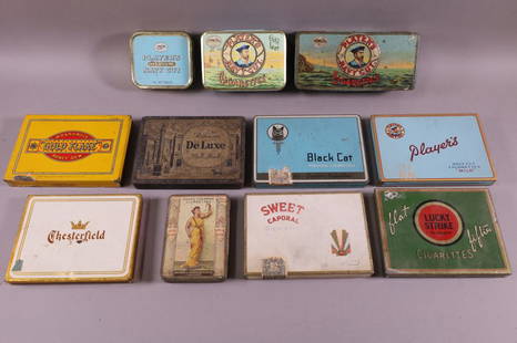 COLLECTION OF ADVERTISING TINS: TOBACCO & CIGARETTE TINS. 11 TINS. INCLUDING PLAYERS NAVY CUT, BLACK CAT, LUCKY STRIKE, GOLD FLAKE & MORE. WEAR TO TINS, PAINT LOSS AND DENTS.