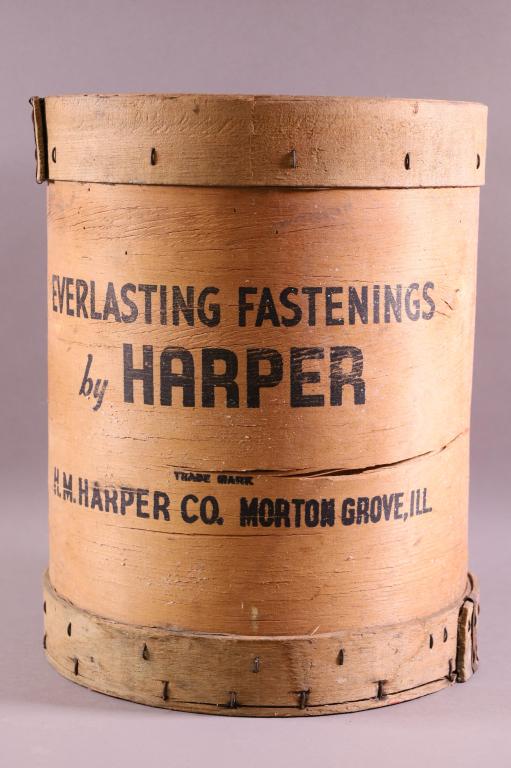 HARPER FASTENINGS BARREL: EVERLASTING FASTENINGS BY HARPER CO IL. 14 1/2" H x 11 1/2" DIAM.