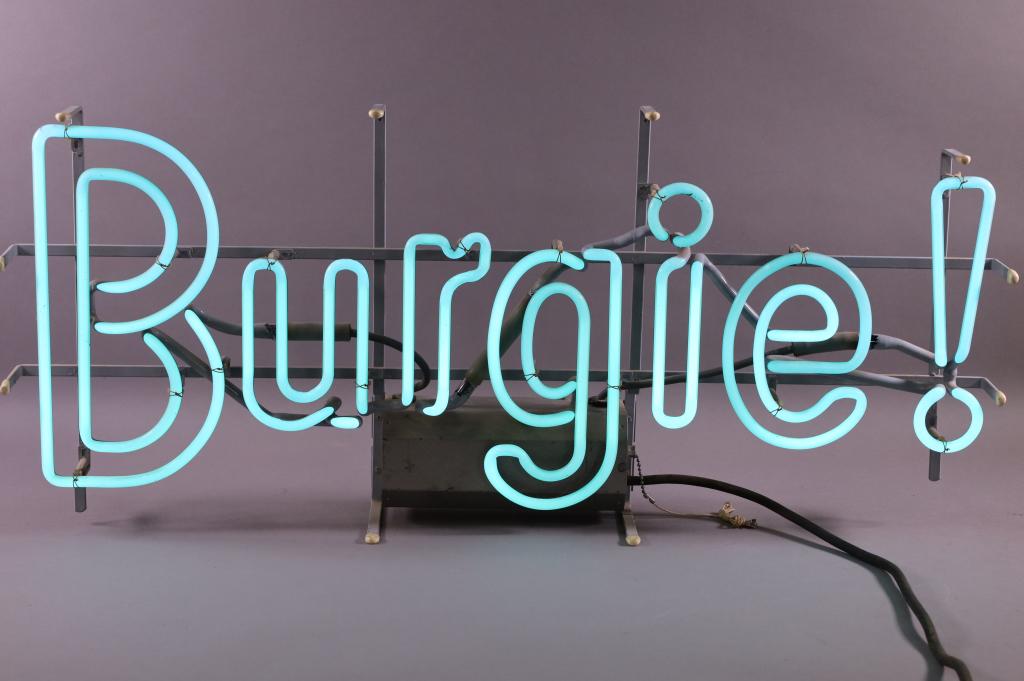 BURGIE! (BEER) NEON: BURGERMEISTER BREWING CORP. WORKING. 34" W x 15" H. THIS ITEM EXCEEDS SIZE LIMITATIONS FOR IN HOUSE SHIPPING.
