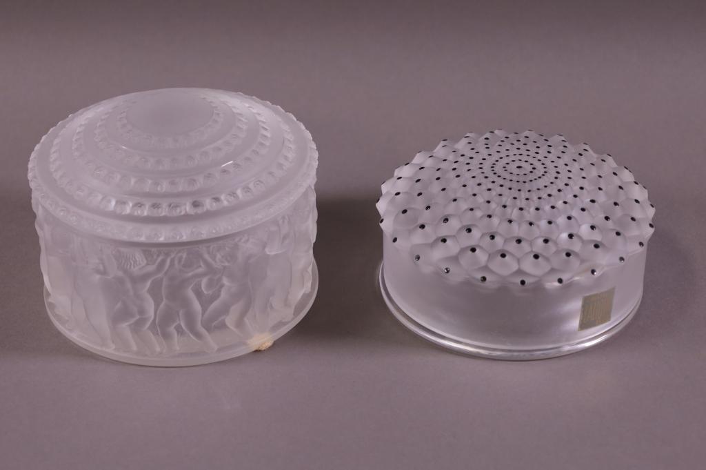 TWO LALIQUE DRESSER JARS: SIGNED LALIQUE FRANCE CACTUS COVERED JAR, GOOD CONDITION, NO CHIPS, CRACKS, OR BREAKS, 4" DIAM. & SIGNED LALIQUE FRANCE ENFANTS COVERED JAR, GOOD CONDITION, NO CHIPS, CRACKS, OR BREAKS. 4 1/2" DIAM.