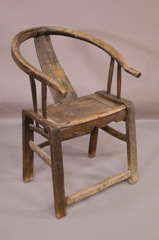 CHINESE YOLK BACK ARM CHAIR: WEAR TO FINISH, 24" W x 25" D x 35" H. THIS ITEM EXCEEDS SIZE LIMITATIONS FOR IN HOUSE SHIPPING.