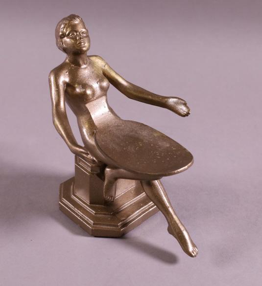 FRANKART STYLE ART DECO NUDE METAL TRAY: PAINTED FINISH. NUDE SEATED LADY. 5 1/2" L x 6" H.