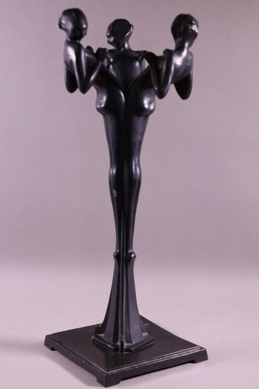 SIGNED FRANKART ART DECO NUDE LADY STAND: TRIPLE FIGURE, NUDE STAND, MARKED FRANKART. MINOR PAINT LOSS. 22" H.