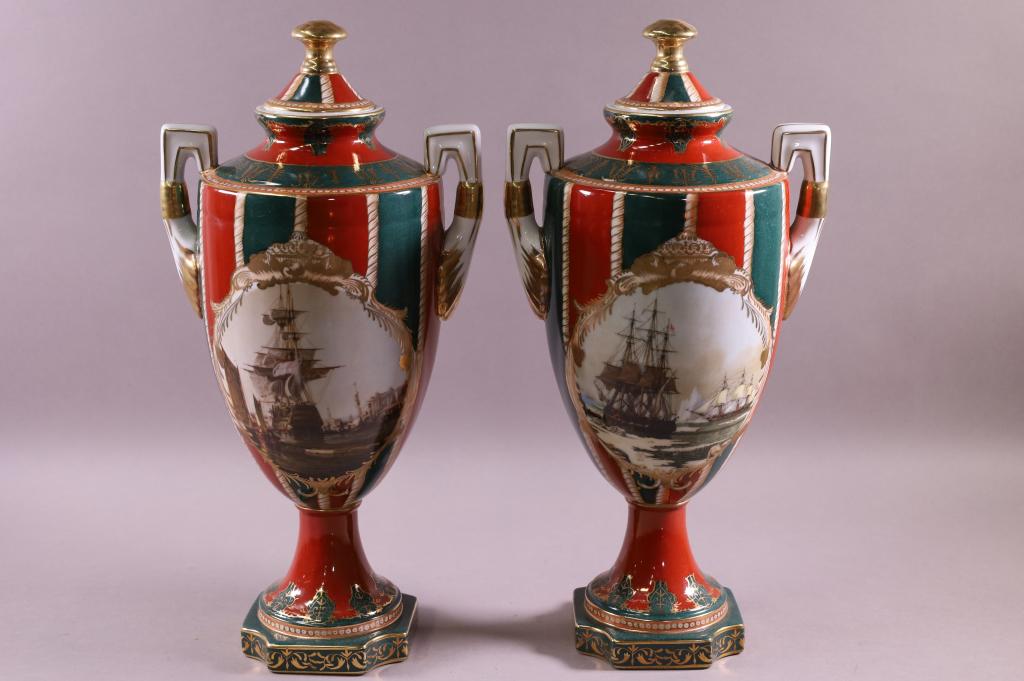 PAIR OF HAND PAINTED PORCELAIN URNS (1 of 5)
