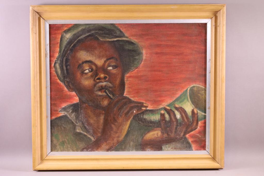 BLACK AMERICANA HORN BLOWER PORTRAIT PAINTING (1 of 7)