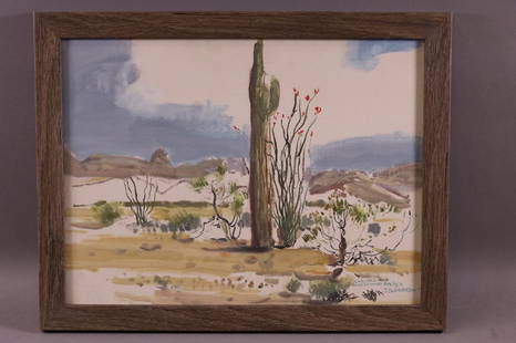 JAMES SWINNERTON DESERT LANDSCAPE: OIL ON BOARD, SIGNED LOWER RIGHT. TITLED SAGUARO AND BLOSSOMING OCETEA. 15 1/2" x 11 1/2" IMAGE SIZE / 17 1/2" x 13 1/2" IN FRAME