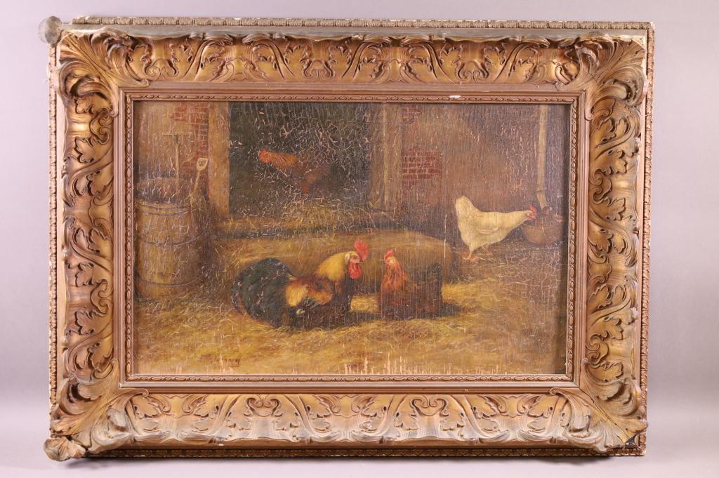ANTIQUE ALFRED E A MONTGOMERY CHICKEN PAINTING (1 of 4)