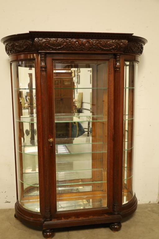 LARGE 1900'S AM OAK TRIPLE BOW CHINA CABINET (1 of 4)