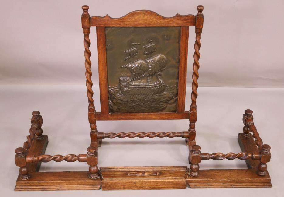 1910'S OAK BARLEY TWIST FIRESCREEN W/ FENDER (1 of 4)