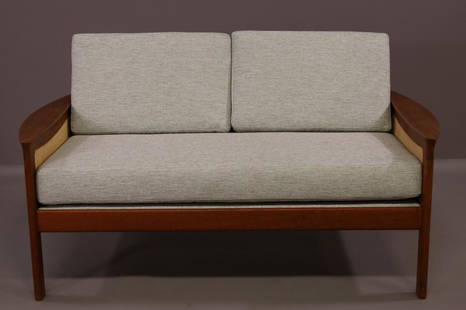 KOMFORT DENMARK SETTEE: RATTAN ENDS, WITH NEWLY REUPHOLSTERED. GOOD CONDITION. 54" W x 29 1/2" D x 30" H. THIS ITEM EXCEEDS SIZE LIMITATIONS FOR IN HOUSE SHIPPING.