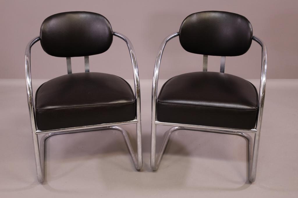 PAIR OF WEBER FOR CHROMECRAFT ARMCHAIRS: CHROME BLACK VINYL SEAT AND BACK. GOOD CONDITION. 20 1/2" W x 23" D x 31" H. THIS ITEM EXCEEDS SIZE LIMITATIONS FOR IN HOUSE SHIPPING.
