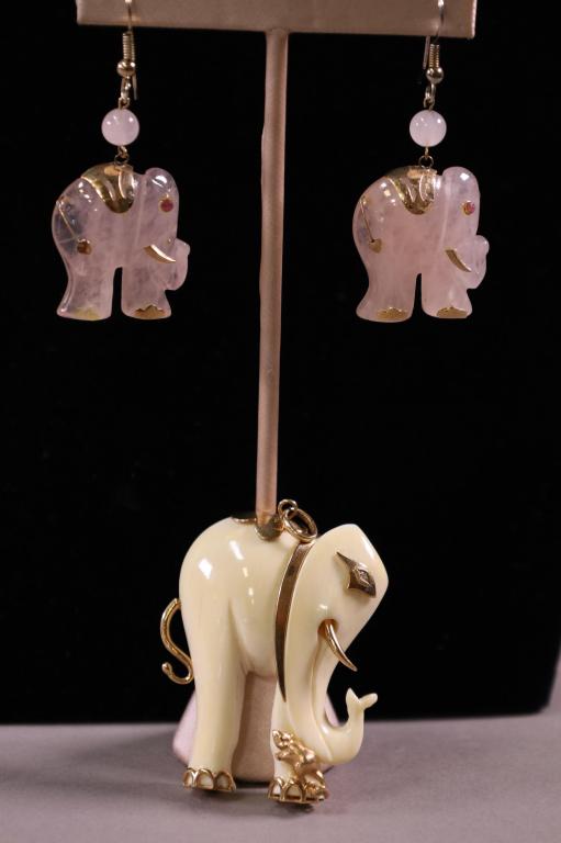3 PCS OF ELEPHANT FORM JEWELRY: CARVED BONE ELEPHANT WITH 14K YELLOW GOLD OVERLAY OF TUSK. & MOUSE MARKED 585, 2" L. PAIR OF PINK QUARTZ EARRINGS, 2" L.