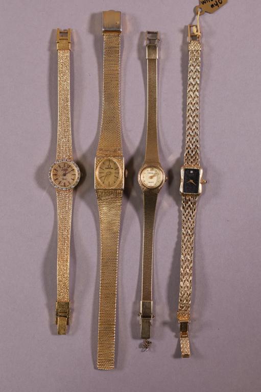 FOUR VINTAGE WRISTWATCHES: LADY'S OMEGA.. WITTNAUER.. CITIZEN.. & CARAVELLE WRISTWATCHES. ALL WATCHES ARE SOLD AS IS & ARE UNTESTED. WE DO NOT GUARANTEE WORKING ORDER.
