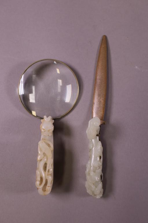 TWO ANTIQUE SOAPSTONE SCEPTER HANDLED ITEMS (1 of 9)