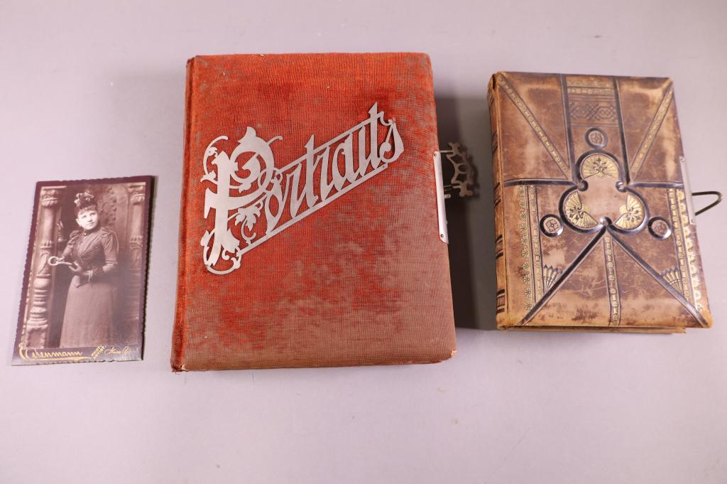 TWO VICTORIAN PHOTO ALBUMS: WITH LOOSE CABINET CARD, OF LULU LATASKER SNAKE CHARMER. ALBUMS HAVE SOME PHOTOS.