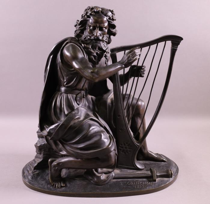ANTIQUE HARP PLAYER BRONZE STATUE (1 of 4)