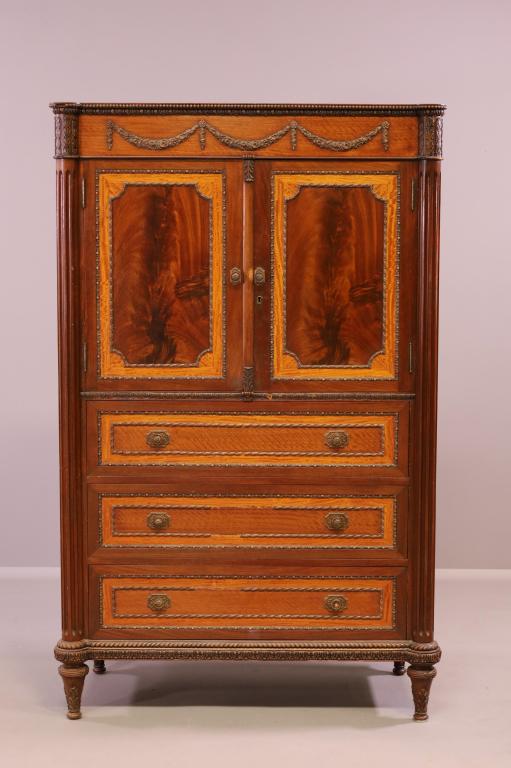 BURLED FRENCH HIGHBOY CHEST: TWO DOOR UPPER. THREE DRAWER LOWER. MISSING TRIM, FINISH LOSS. SURFACE SCRATCHES. 41" W x 20" D x 66" H. THIS ITEM EXCEEDS SIZE LIMITATIONS FOR IN HOUSE SHIPPING.