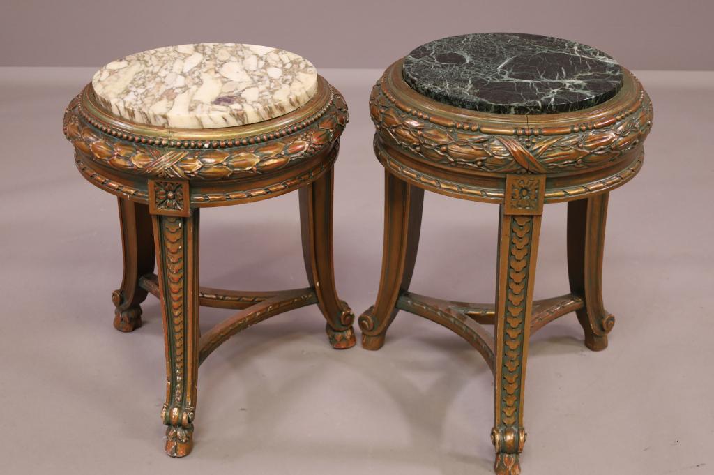 NEAR PAIR OF FRENCH STYLE MARBLE TOP SIDE TABLES (1 of 3)