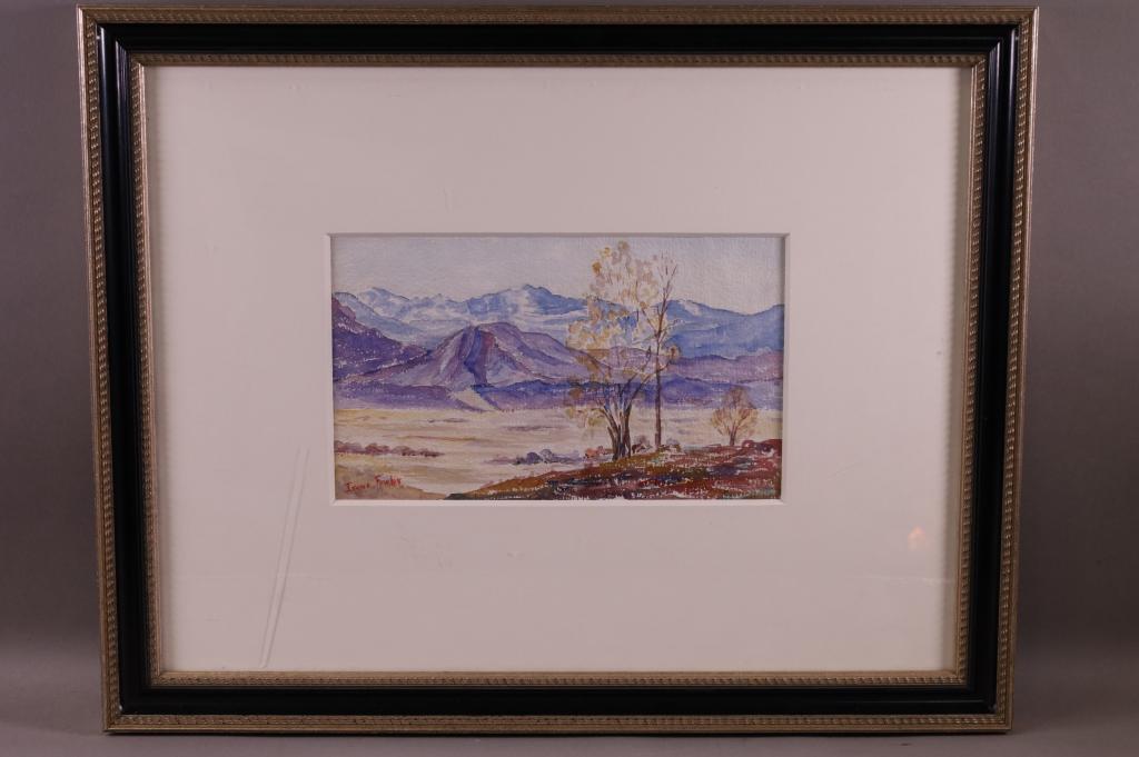 IRENE FOWLER DESERT LANDSCAPE WATERCOLOR: WATERCOLOR FRAMED UNDER PLEXI. SIGNED LOWER LEFT, IRENE FOWLER. SCRATCH IN PLEXI. 11 1/2" x 7" IMAGE SIZE / 23 1/2" x 18 1/2" IN FRAME.