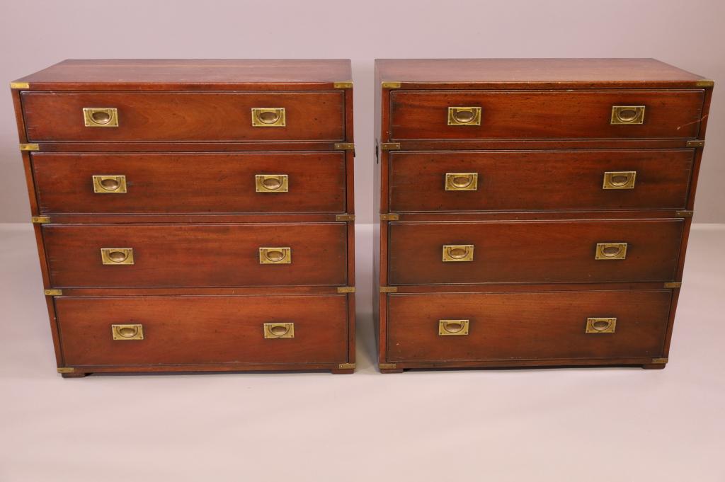PAIR OF CAMPAIGN TALL CHESTS: KENNEDY FOR NEIMAN MARCUS. PAIR OF FOUR DRAWER CHESTS. FINISH WEAR, SURFACE SCRATCHES. 36" W x 17" D x 36" H. THIS ITEM EXCEEDS SIZE LIMITATIONS FOR IN HOUSE SHIPPING.