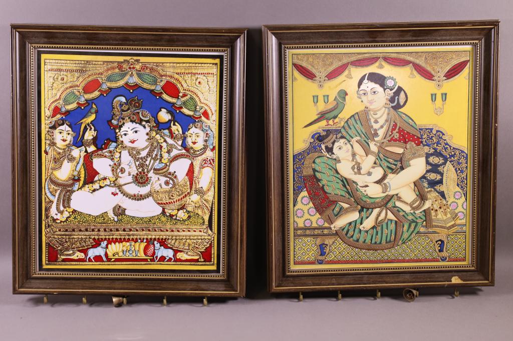PAIR OF FRAMED PANELS: FIGURAL DECORATED. CHIPS TO FRAME. 14" x 16" IN FRAME.