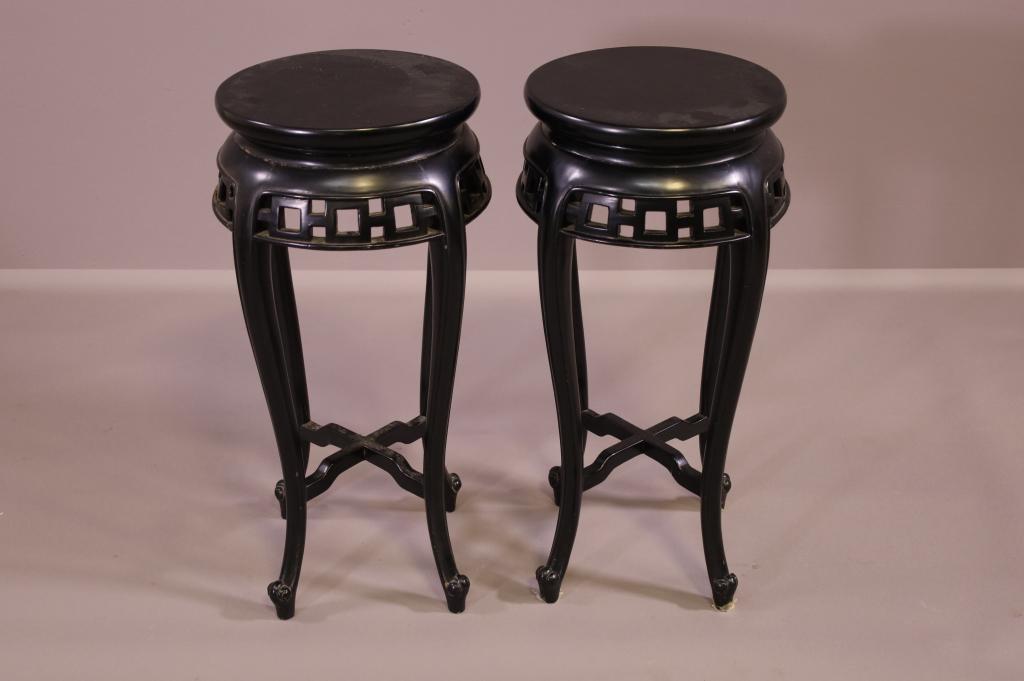 PAIR OF CHINESE STANDS: BACK LACQUER STANDS. SKIRT HAS DAMAGE. 12" X 27" THIS ITEM EXCEEDS SIZE LIMITATIONS FOR IN HOUSE SHIPPING.