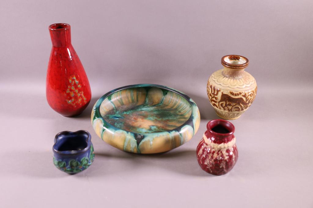 FIVE PIECES OF POTTERY: BELGIUM, DENMARK, HAK HERMAN KAHLER & MICHAEL ANDERSON.. WEST GERMANY, JASBA. GOOD CONDITION. VARIOUS SIZES.