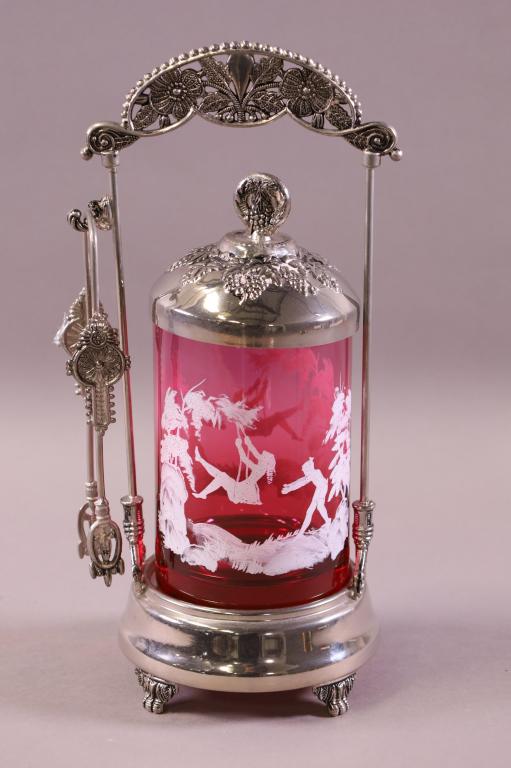 MARY GREGORY PICKLE CASTOR: CRANBERRY MARY GREGORY PICKLE CASTO R, WITH TONGS. 11" H