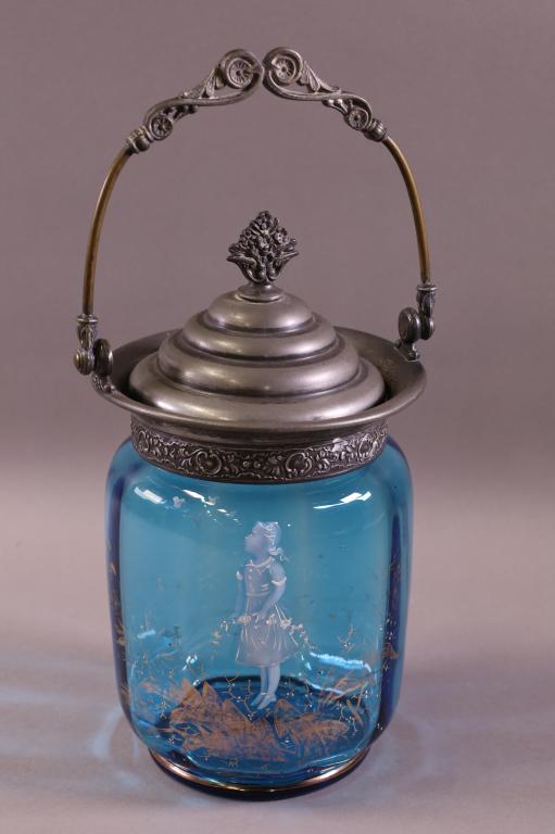 BLUE GLASS MARY GREGORY STYLE BISCUIT JAR (1 of 2)