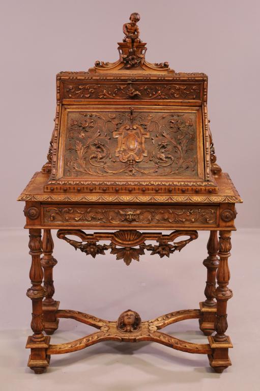 19TH C. HIGHLY CARVED DROP FRONT SECRETARY DESK (1 of 11)