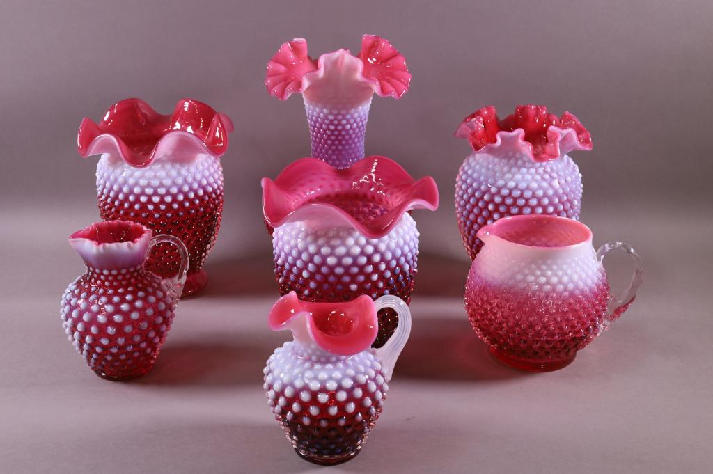 SEVEN PIECES OF CRANBERRY HOBNAIL GLASS (1 of 3)