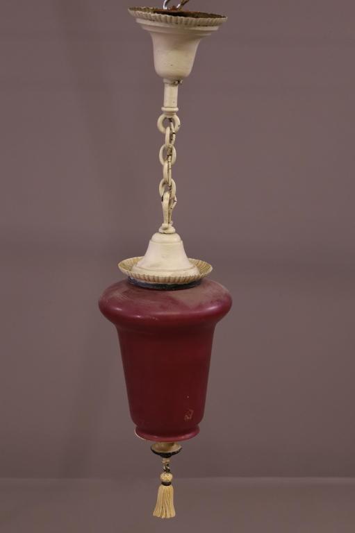 ANTIQUE PAINTED METAL & GLASS HALL LAMP: PAINTED FINISH, PAINT LOSS. 30" H.