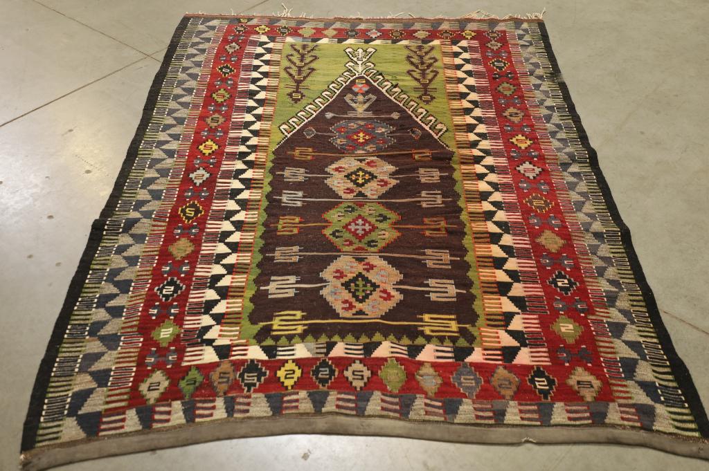 APPROX 6' 5" x 4' 9" TURKISH KILIM: HANDMADE FLATWEAVE, SOME WEAR TO PILE, HOLES.