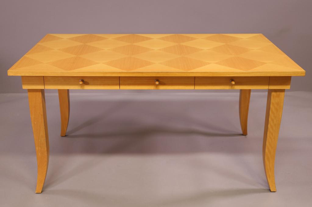 CRAFTWOOD WRITING DESK: MICHAEL GRAVES? THREE DRAWER WRITING DESK, CRAFTWOOD A DVISION OF SONNENBERG INDUSTRIES. MINOR WEAR TO FINISH ALONG EDGES. 60" L x 36" W x 30" H. THIS ITEM EXCEEDS SIZE LIMITATIONS FOR IN HOUSE SHIPPI