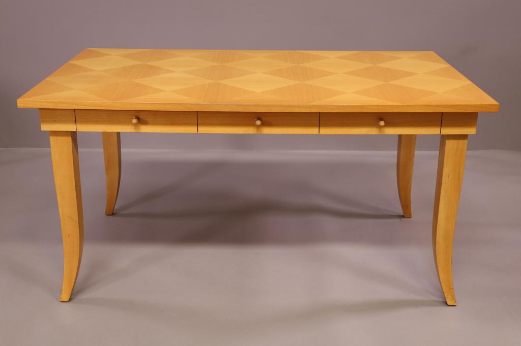 CRAFTWOOD WRITING DESK: MICHALE GRAVES? THREE DRAWER WRITING DESK, CRAFTWOOD A DVISION OF SONNENBERG INDUSTRIES. MINOR WEAR TO FINISH. 60" L x 36" W x 30" H. THIS ITEM EXCEEDS SIZE LIMITATIONS FOR IN HOUSE SHIPPING.