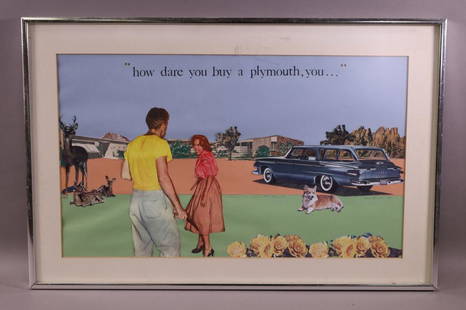 MARK BENNETT 3D FRAMED PLYMOUTH ART: SIGNED MARK BENNET, DATED 1994. COLLAGE. TITLED THE EFFECTS OF FORDS ON BARBARA, No 77. SEDONA AZ. HOW DARE YOU BUY A PLYMOUTH, YOU. CRACK TO GLASS. 23" x 15"