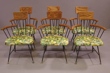 SET OF 6 RICHARD MCCARTHY ARMCHAIRS: SET OF SIX RICHARD MCCARTHY FOR SELRITE ARMCHAIRS. WOOD AND IRON WITH FLORAL UPHOSLTERY. MISSING SOME FEET CAPS. 22" W x 21" D x 32" H. THIS ITEM EXCEEDS SIZE LIMITATIONS FOR IN HOUSE SHIPPING.