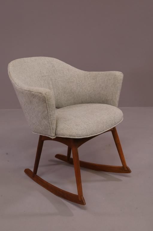 ADRIAN PEARSALL ROCKER: MODEL No 2035 TUB ROCKER BY ADRIAN PEARSALL. GOOD CONDITION. 27" W x 27" D x 29" H. THIS ITEM EXCEEDS SIZE LIMITATIONS FOR IN HOUSE SHIPPING.