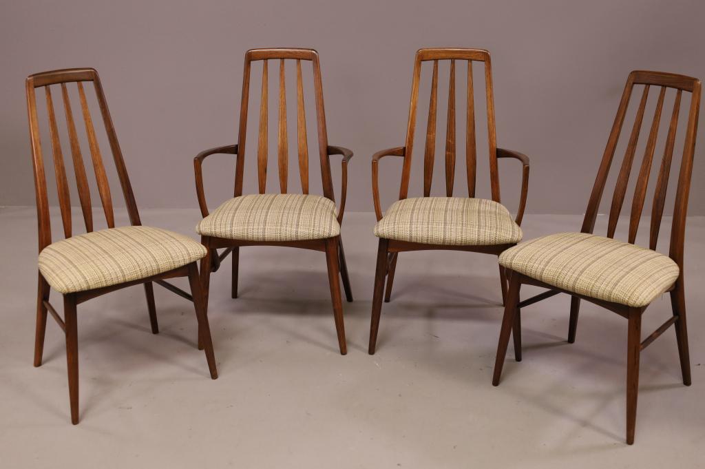 SET OF FOUR NEILS KOEFOED DINING CHAIRS: SET OF FOUR ROSEWOOD DINING CHAIRS BY NEILS KOEFOED. MARKED ON UNDERSIDE. ARMCHAIRS 21" W x 17" D x 37 1/2" H. & SIDE CHAIRS 19" W x 17" D x 37 1/2" H. THIS ITEM EXCEEDS SIZE LIMITATIONS FOR IN HOUSE 