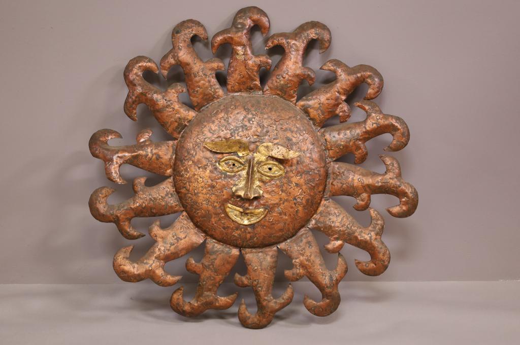 MID CENTURY MODERN SUNBURST WALL SCULPTURE: SUN SCULPTURE. UNSIGNED. 39" DIAM. THIS ITEM EXCEEDS SIZE LIMITATIONS FOR IN HOUSE SHIPPING.