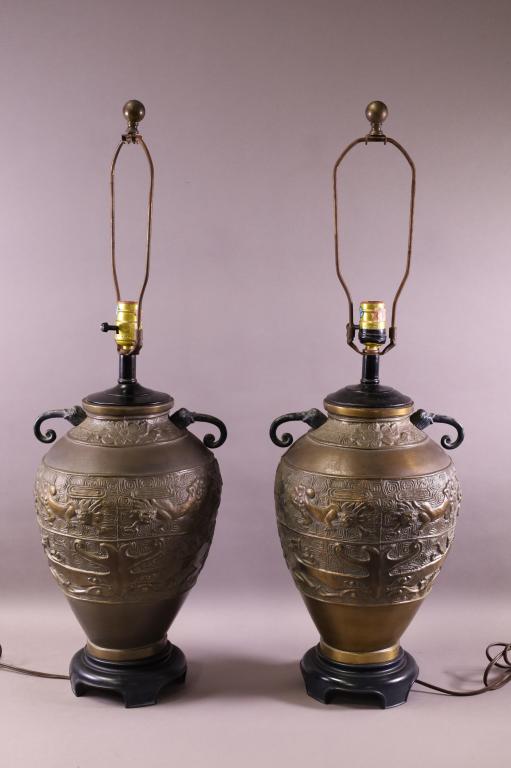 PAIR OF ASIAN MOTIF BRASS TABLE LAMPS (1 of 4)