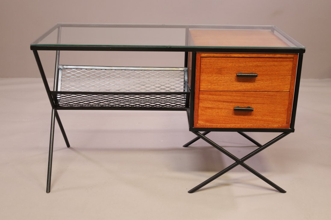 MURIEL COLEMAN PACIFICA DESK: FOR CALIFORNIA CONTEMPORARY CO. GLASS TOP DESK. GOOD CONDITION. 48" X 22 1/2" X 30" THIS ITEM EXCEEDS SIZE LIMITATIONS FOR IN HOUSE SHIPPING.