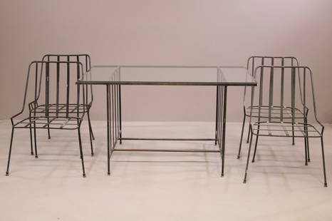 MID CENTURY PAUL LASZLO IRON TABLE W/ 4 CHAIRS: PAINT WEAR & RUST TO IRON. NO CUSHIONS. TABLE IS " X 34 1/2" X 30". CHAIRS ARE 21 1/2" X 22" X 33". THIS ITEM EXCEEDS SIZE LIMITATIONS FOR IN HOUSE SHIPPING.